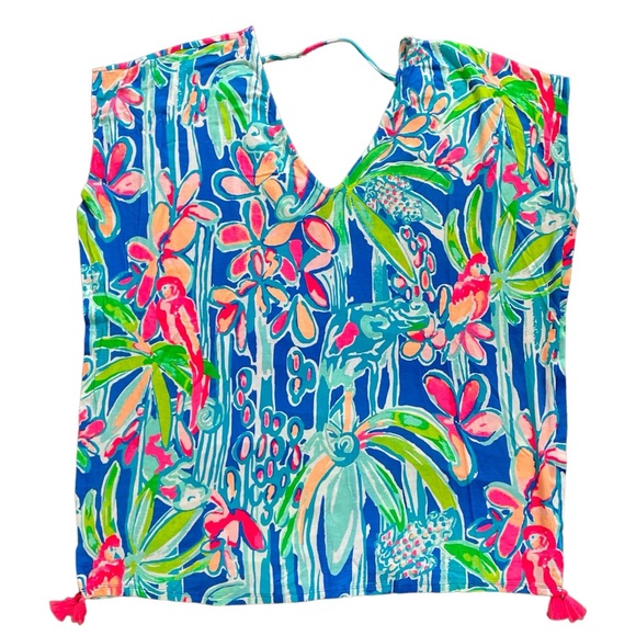 Lilly Pulitzer Seagate Cover up Tippy caftan top tassels deep back pink blue XS - Picture 6 of 14
